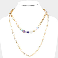 Pearl Multi Bead Accented Double Layered Chain Oval with round Link Bib Necklace Blue