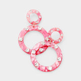 Double Round Crystal Embellished Hoop Stylish Fashion Earrings - Pink