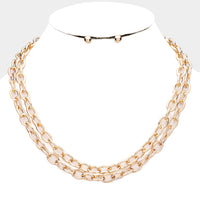 Double Strand Oval Chain Link Necklace Set - Shiny Gold Tone 
