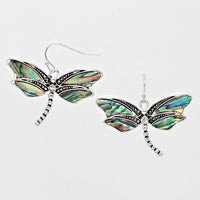 Dragonfly Abalone Shell Accent Burnished Silver Tone Earrings 