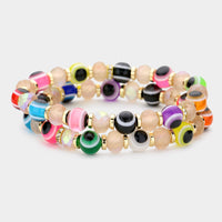 Evil Eye Faceted Beaded Stretch Bracelets - Neutral & Multi-Colors