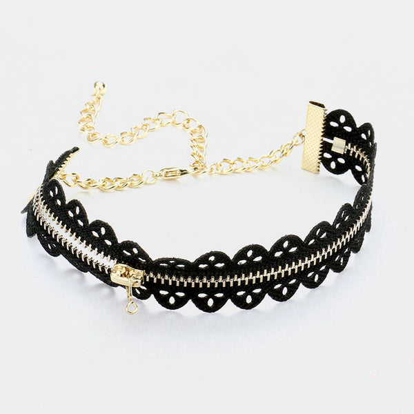 Floral Zipper Black Lace Choker Necklace Earring Set
