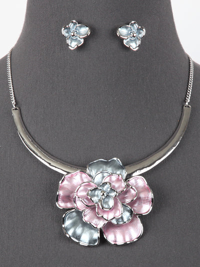 Flower Pink Gray Bib Statement Necklace Earrings Fashion Jewelry Set