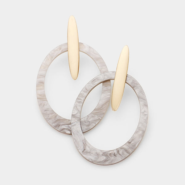 Gold Resin Drop Gray Oval Hoop Earrings 