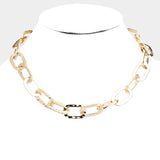 Hammered Metal Open Oval Link Statement Chunky Necklace - Gold Tone 