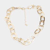 Hammered Metal Open Oval Link Statement Chunky Necklace - Gold Tone 