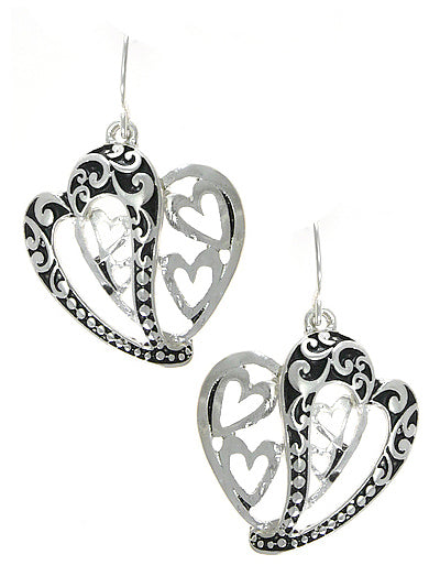 Heart LOVE Drop Dangle Filigree Silver Tone Earrings Women Fashion Jewelry