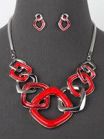 Kassi Red Square Link Silver Tone Necklace Set