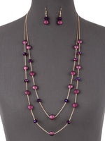 Long Beaded Multi Layered Station Fashion Necklace Set - Purple 
