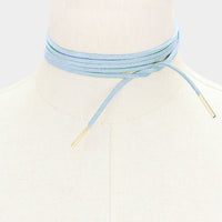 Long Faux Suede Tie Wrap Cord Blue Choker Necklace Gold Tone