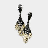 Long Gold and Black Leaf Cluster Dangle Chandelier Earrings
