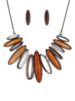 Loop Bar Chunky Bib  Statement Necklace Earrings Set- Brown