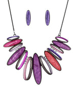 Loop Bar Statement  Fashion Necklace Earrings Set - Purple and Pink