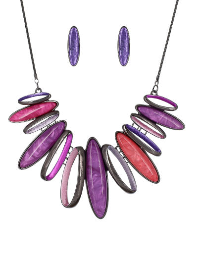 Loop Bar Statement  Fashion Necklace Earrings Set - Purple and Pink
