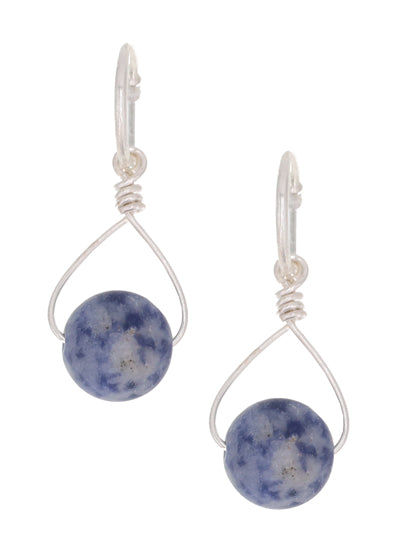 Marbled Stone Drop Wire Wrapped Earrings - Blue