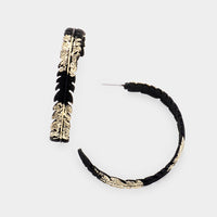 Matte Black Gold Painted Leaf Round Hoop Trendy Fashion Costume Earrings 