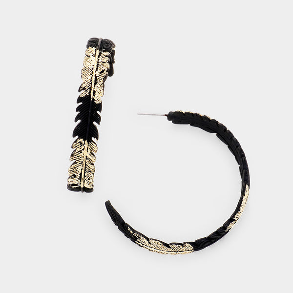 Matte Black Gold Painted Leaf Round Hoop Trendy Fashion Costume Earrings 