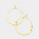 Open Circle Yellow Beaded Wire Hoop Gold Tone Earrings