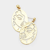 Oval Woman Face Dangle Gold Tone Earrings