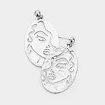 Oval Woman Face Dangle Silver Tone Earrings