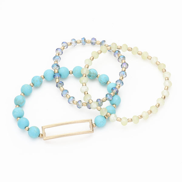 Rectangle Charm Semi Precious Faceted Bead Stretch Bracelets