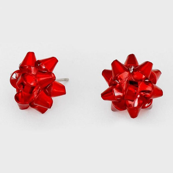 Red Metal Christmas Gift Bow Stud Earrings 