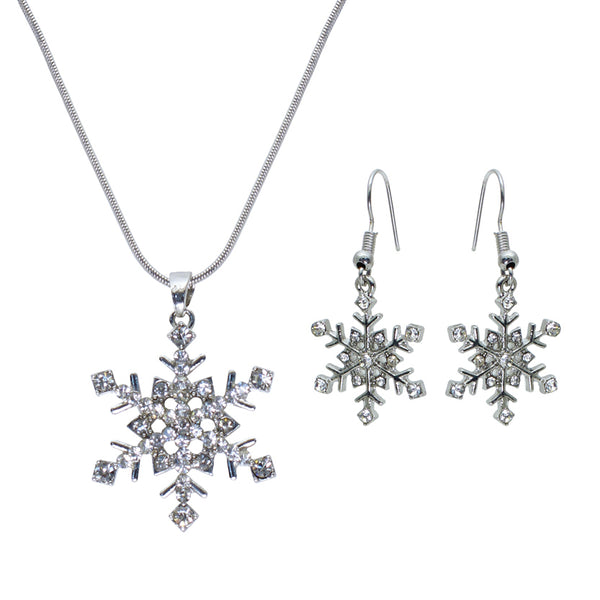 Rhinestone Snowflake Silver Tone Necklace Earrings Set