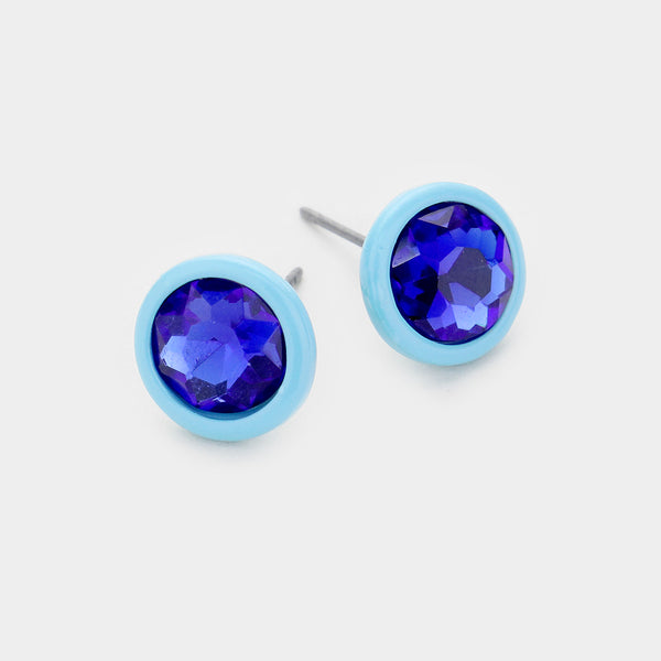 Round Glass Crystal Stone Stud Earrings - Blue