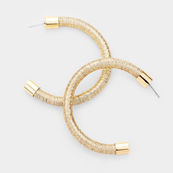 Shiny Thread Wrapped Open Circle Hoop Earrings - Gold 
