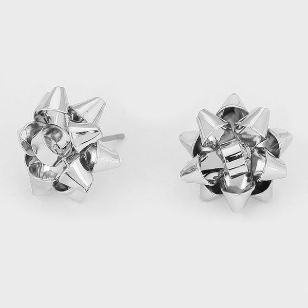 Silver Metal Christmas Gift Bow Earrings 