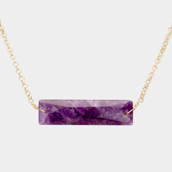 Semi Precious Stone Purple Rectangle Bar Pendant Necklace