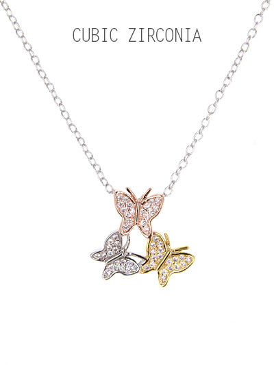 Tri-Tone Micro Pave Butterfly Pendant Necklace