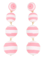 Triple 3 Ball Drop Bon Bon Earrings - Striped Pink and White