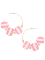 Triple Ball Open Hoop Earrings - Striped Pink and White