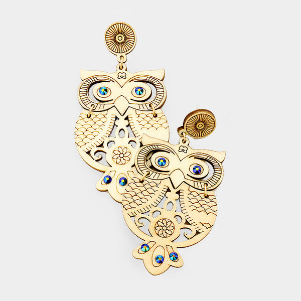 Wood Owl AB Crystal Drop Dangle Linked Earrings