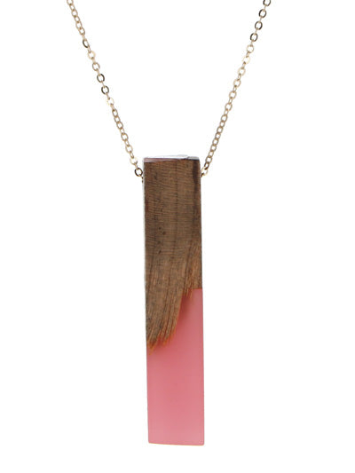Wood with Pink Resin Pendant Long Necklace