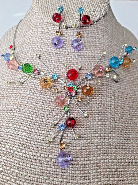 Crystal Multi Color Bib Statement Necklace Earrings Set